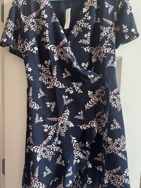 LOFT Navy Wrap Dress with Pink & White Floral Sprig